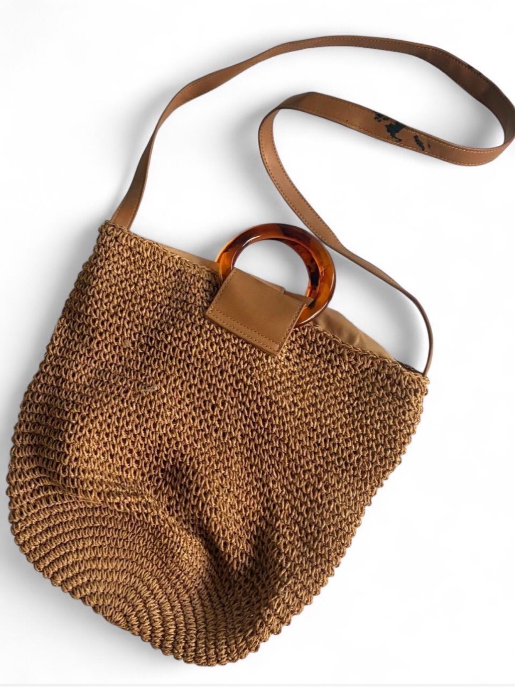 Shein Tan Woven Crossbody Bag With Tortoiseshell Handle
